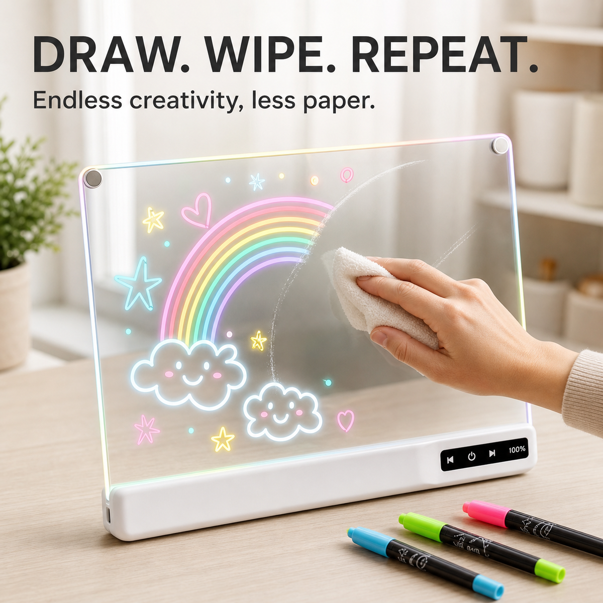 Reusable LED drawing board for kids—draw, wipe clean and create again