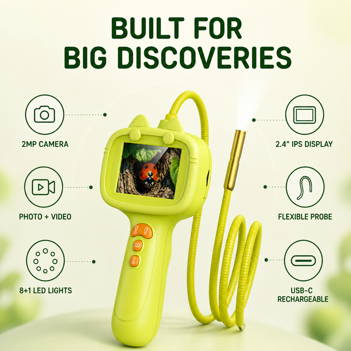 Lime Green kids borescope with six key product features