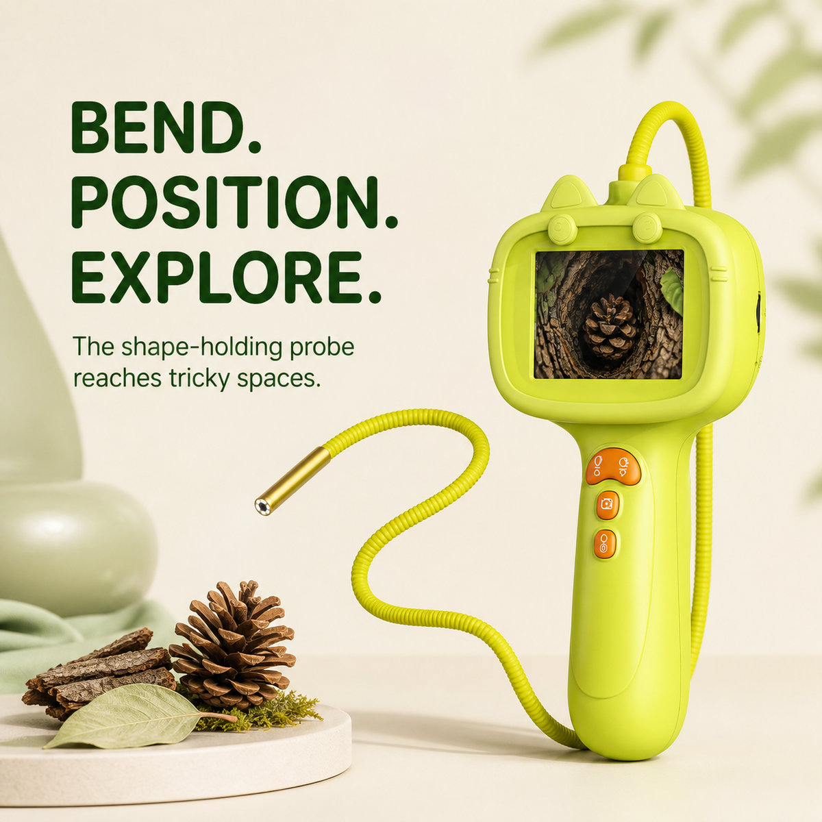 Shape-holding flexible borescope probe beside nature samples