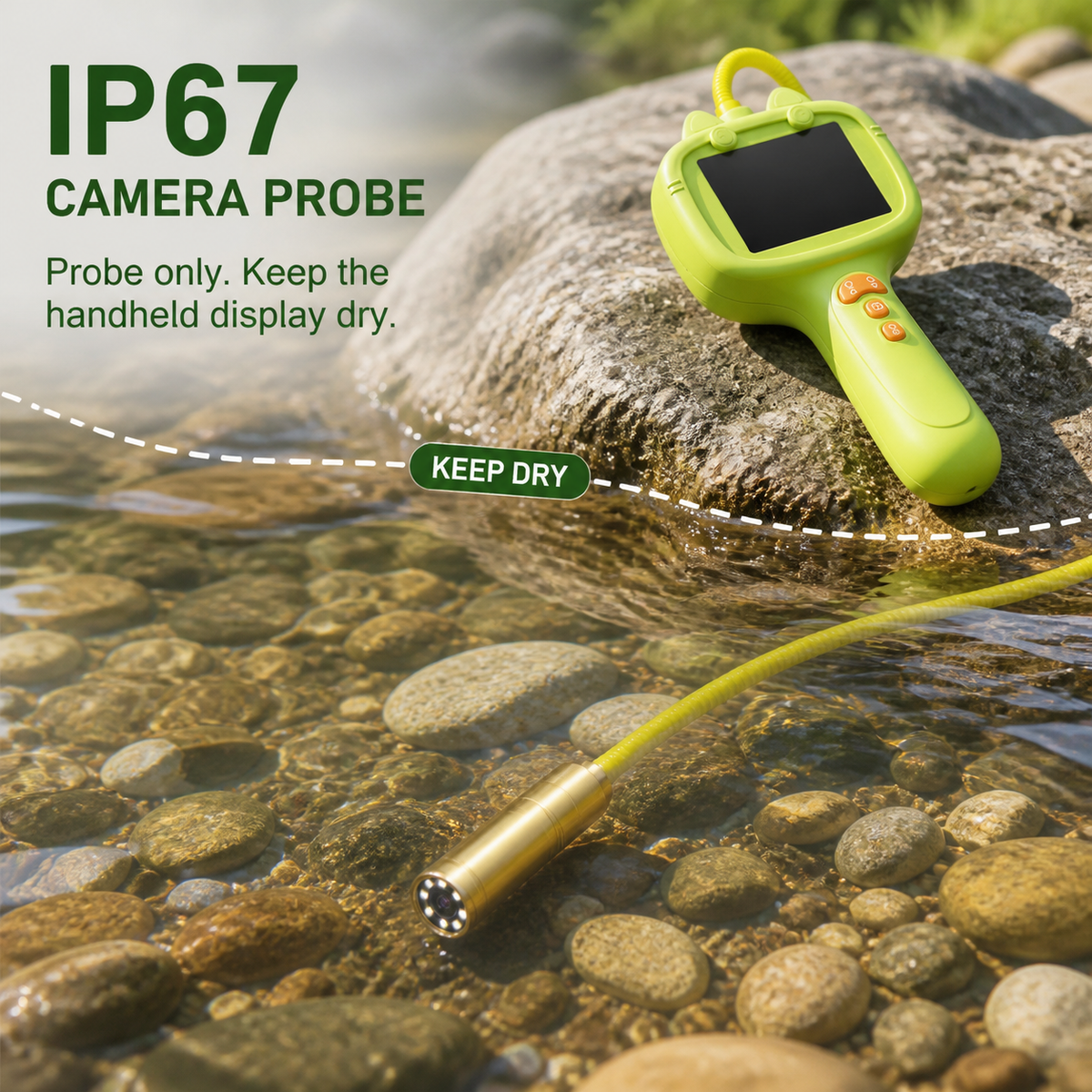 IP67 camera probe in shallow water while the handheld display stays dry