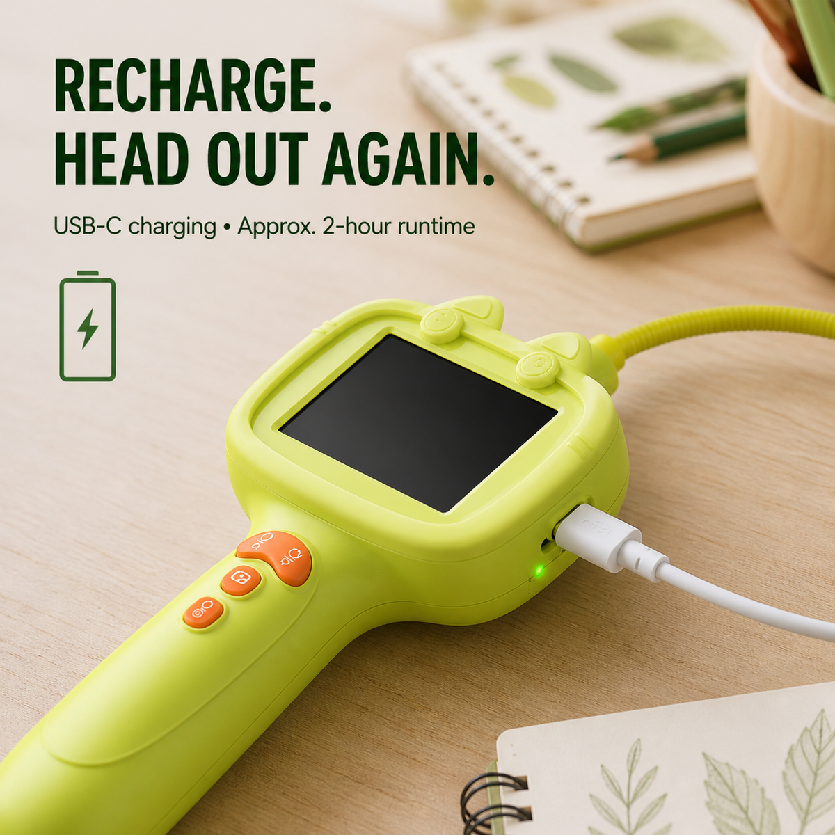 Lime Green kids borescope connected to USB-C charging
