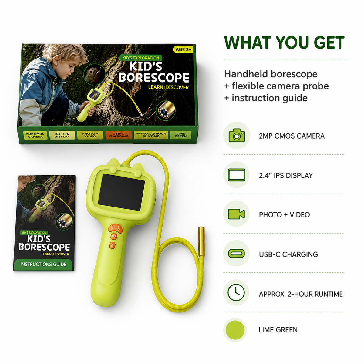 Kids borescope package contents and product specifications